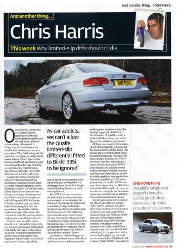 Editorial - Autocar 'Quaife LSD review' - E92 335i - April 2007