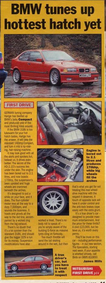 Editorial - E36 318ti - Auto Express 'BMW Tunes Up Hottest Hatch Yet' -Feb 1995 